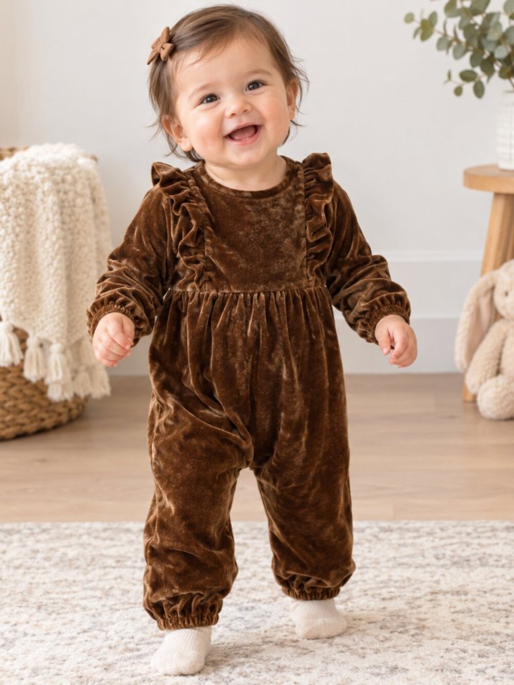 Old Navy Baby Brown Velvet Ruffle Romper Jumpsuit 6–12M
